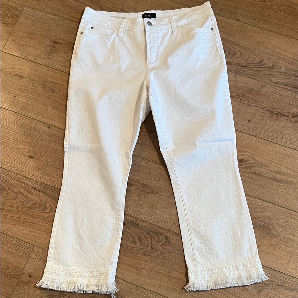 NYDJ White Straight-Leg Jeans with Frayed Hem Trim